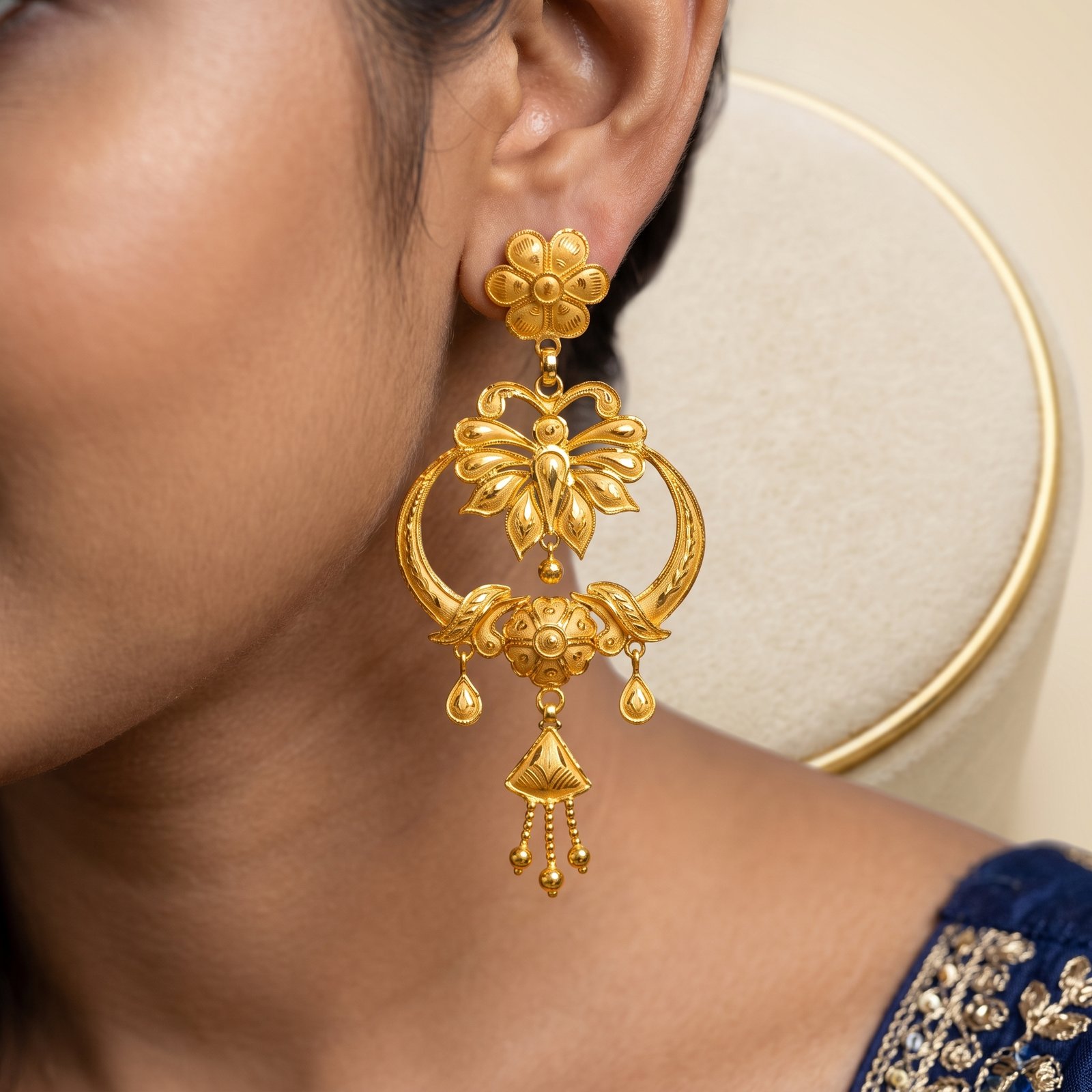 Gold Floral Chandbali Earrings